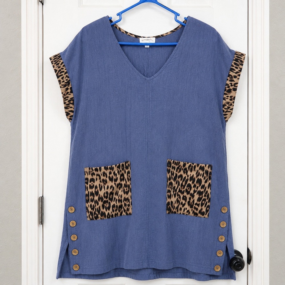 Umgee USA Blue Linen Blend Leopard Print Trim Tunic Top Mini Dress C2451 Medium